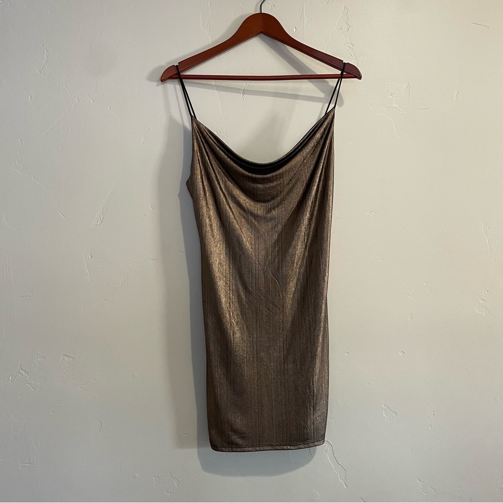 Blanc Mini Dress Metallic Spaghetti Strap Sparkly M Coffee Brown Medium club - Picture 3 of 8